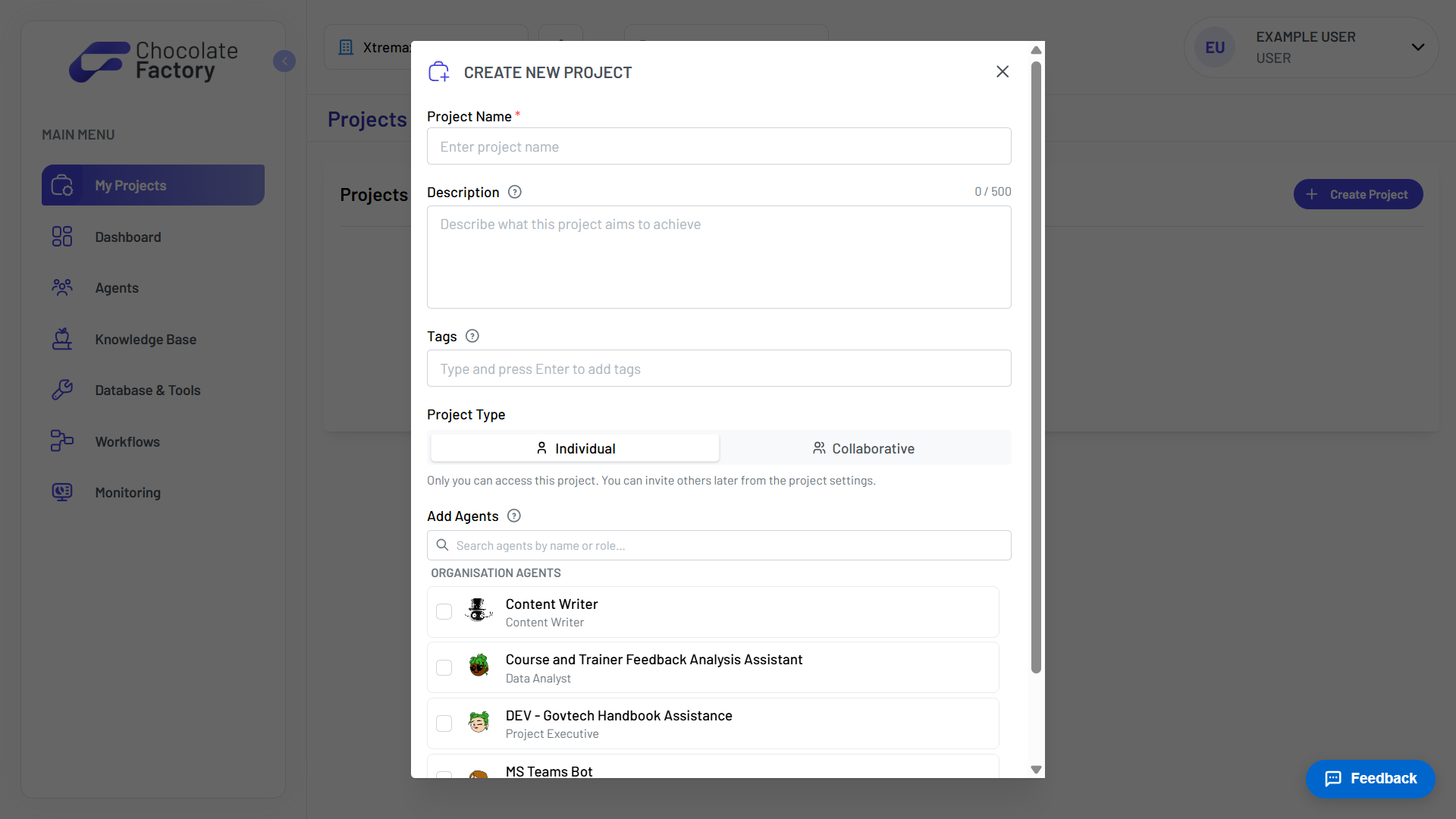 Projects create page